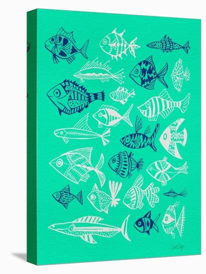 Fish Inklings on Tuquoise-Cat Coquillette-Stretched Canvas