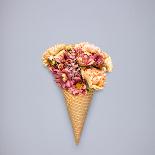 Creative Still Life of an Ice Cream Waffle Cone with Flowers on Grey Background-Fisher Photostudio-Photographic Print