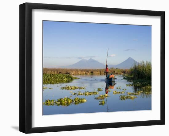 Fisherman, Agua and Pacaya Volcanoes in the Background, Monterrico, Pacific Coast, Guatemala-Michele Falzone-Framed Photographic Print