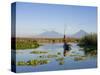 Fisherman, Agua and Pacaya Volcanoes in the Background, Monterrico, Pacific Coast, Guatemala-Michele Falzone-Stretched Canvas