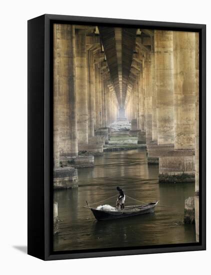 Fisherman Casts His Net in the River Ganges on the Outskirts of Allahabad, India-null-Framed Stretched Canvas