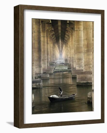 Fisherman Casts His Net in the River Ganges on the Outskirts of Allahabad, India-null-Framed Photographic Print