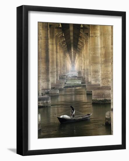 Fisherman Casts His Net in the River Ganges on the Outskirts of Allahabad, India-null-Framed Photographic Print