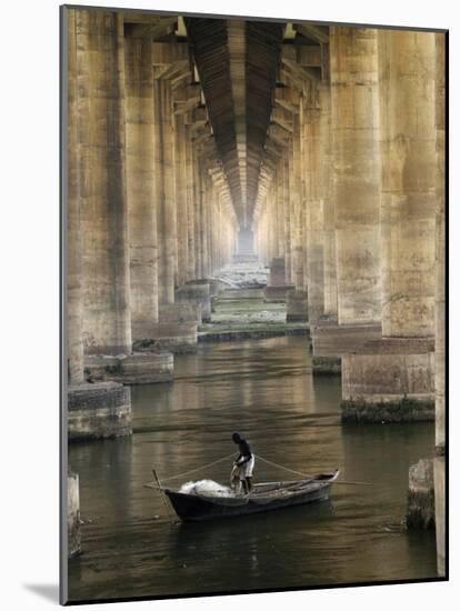 Fisherman Casts His Net in the River Ganges on the Outskirts of Allahabad, India-null-Mounted Photographic Print