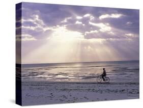 Fisherman Cycling Along the Beach Near Bweju Against Dramatic Sky, Island of Zanzibar, Tanzania-Lee Frost-Stretched Canvas