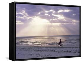 Fisherman Cycling Along the Beach Near Bweju Against Dramatic Sky, Island of Zanzibar, Tanzania-Lee Frost-Framed Stretched Canvas