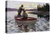 Fisherman Fighting to Land a Muskie on a northern Lake, 1900s-null-Stretched Canvas