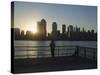 Fisherman Fishing from a Jersey City Pier at Dawn Facing the Manhattan Skyline, Jersey City-Amanda Hall-Stretched Canvas