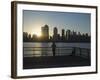 Fisherman Fishing from a Jersey City Pier at Dawn Facing the Manhattan Skyline, Jersey City-Amanda Hall-Framed Photographic Print