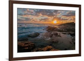 Fisherman fishing off rocks at sunrise, Queensland, Australia-Mark A Johnson-Framed Photographic Print