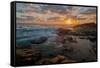 Fisherman fishing off rocks at sunrise, Queensland, Australia-Mark A Johnson-Framed Stretched Canvas