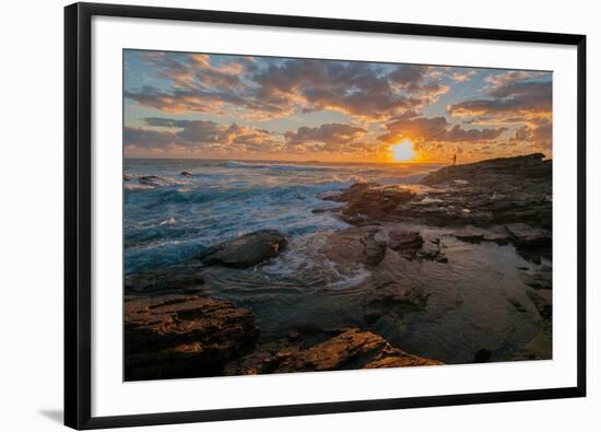 Fisherman fishing off rocks at sunrise, Queensland, Australia-Mark A Johnson-Framed Photographic Print