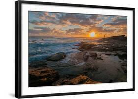 Fisherman fishing off rocks at sunrise, Queensland, Australia-Mark A Johnson-Framed Photographic Print