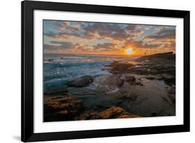 Fisherman fishing off rocks at sunrise, Queensland, Australia-Mark A Johnson-Framed Photographic Print
