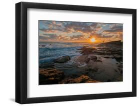 Fisherman fishing off rocks at sunrise, Queensland, Australia-Mark A Johnson-Framed Premium Photographic Print