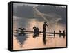 Fisherman Fishing with Cormorants on Bamboo Raft on Li River at Dusk, Yangshuo, Guangxi, China-Keren Su-Framed Stretched Canvas