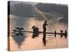 Fisherman Fishing with Cormorants on Bamboo Raft on Li River at Dusk, Yangshuo, Guangxi, China-Keren Su-Stretched Canvas