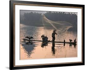 Fisherman Fishing with Cormorants on Bamboo Raft on Li River at Dusk, Yangshuo, Guangxi, China-Keren Su-Framed Photographic Print