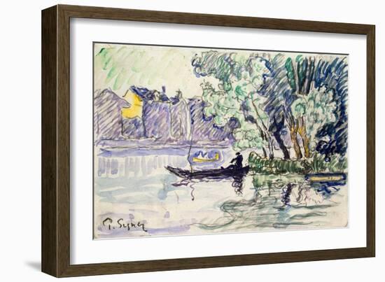 Fisherman in a Boat Near a Bank of the Seine, C1900-Paul Signac-Framed Giclee Print