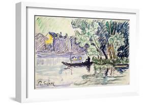 Fisherman in a Boat Near a Bank of the Seine, C1900-Paul Signac-Framed Giclee Print