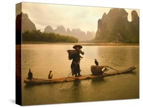 Fisherman in Bamboo Raft on the Li River, China-Keren Su-Stretched Canvas