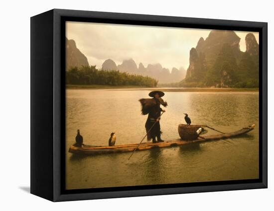 Fisherman in Bamboo Raft on the Li River, China-Keren Su-Framed Stretched Canvas