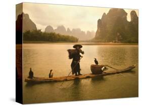 Fisherman in Bamboo Raft on the Li River, China-Keren Su-Stretched Canvas