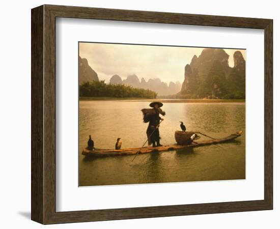 Fisherman in Bamboo Raft on the Li River, China-Keren Su-Framed Photographic Print