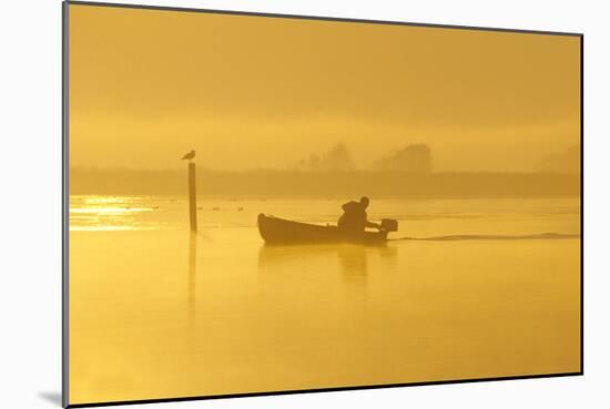 Fisherman in Boat at Dawn-null-Mounted Photographic Print