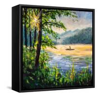 Fisherman in Boat in Morning Lake-Valery Rybakow-Framed Stretched Canvas
