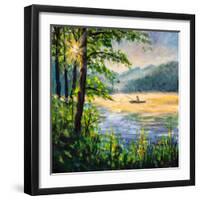 Fisherman in Boat in Morning Lake-Valery Rybakow-Framed Art Print