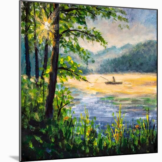 Fisherman in Boat in Morning Lake-Valery Rybakow-Mounted Art Print