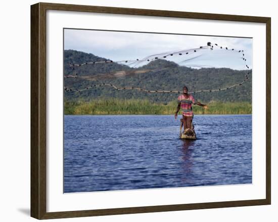 Fisherman in Dugout Canoe Casts Net in Shire River, Lake Malawi's Only Outlet, Southern End of Lake-Nigel Pavitt-Framed Photographic Print