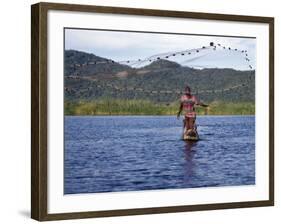 Fisherman in Dugout Canoe Casts Net in Shire River, Lake Malawi's Only Outlet, Southern End of Lake-Nigel Pavitt-Framed Photographic Print