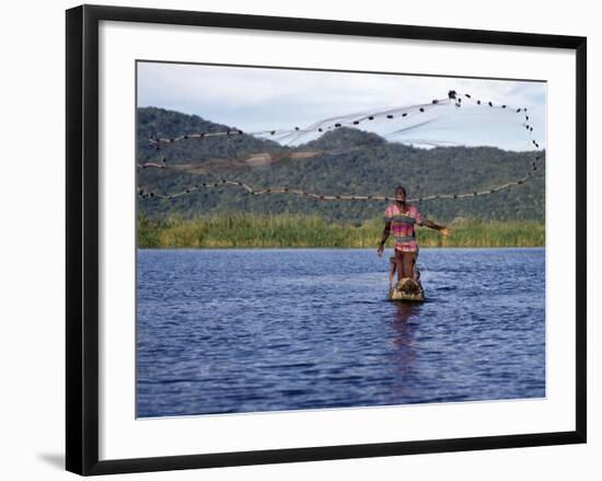 Fisherman in Dugout Canoe Casts Net in Shire River, Lake Malawi's Only Outlet, Southern End of Lake-Nigel Pavitt-Framed Photographic Print