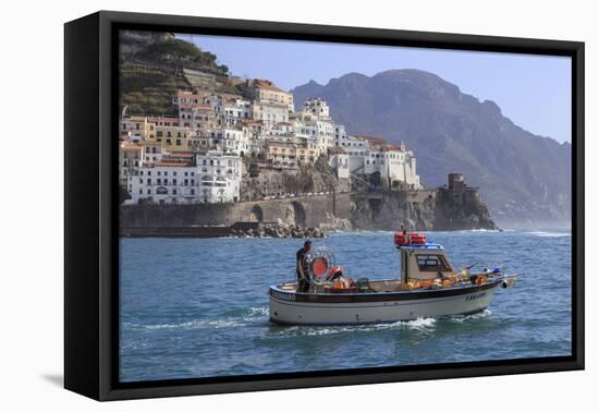 Fisherman in Fishing Boat Heads Out to Sea from Amalfi Harbour-Eleanor Scriven-Framed Stretched Canvas