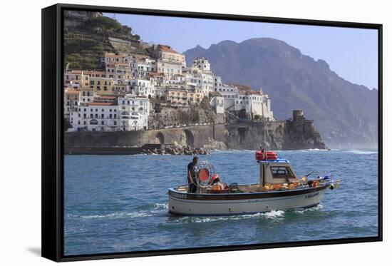 Fisherman in Fishing Boat Heads Out to Sea from Amalfi Harbour-Eleanor Scriven-Framed Stretched Canvas