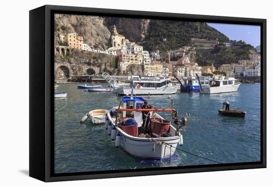 Fisherman in Fishing Boat in Amalfi Harbour-Eleanor Scriven-Framed Stretched Canvas