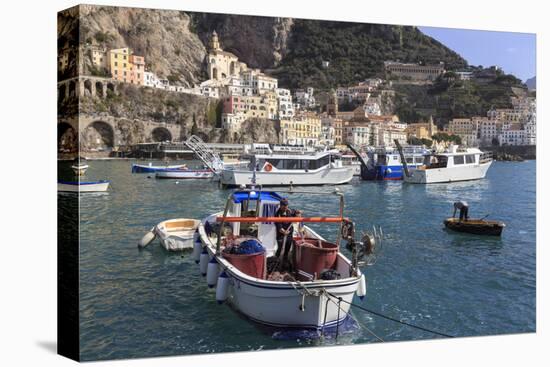 Fisherman in Fishing Boat in Amalfi Harbour-Eleanor Scriven-Stretched Canvas