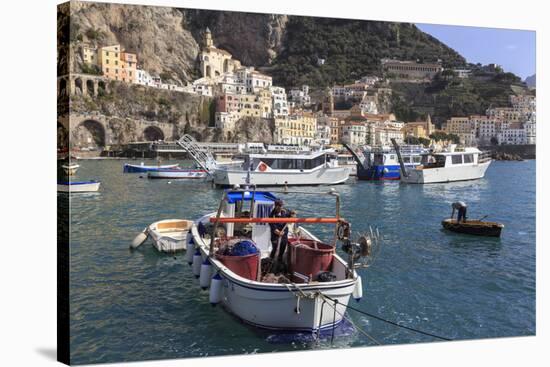 Fisherman in Fishing Boat in Amalfi Harbour-Eleanor Scriven-Stretched Canvas