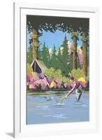 Fisherman in Mountain Lake-null-Framed Art Print