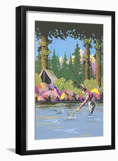 Fisherman in Mountain Lake-null-Framed Art Print