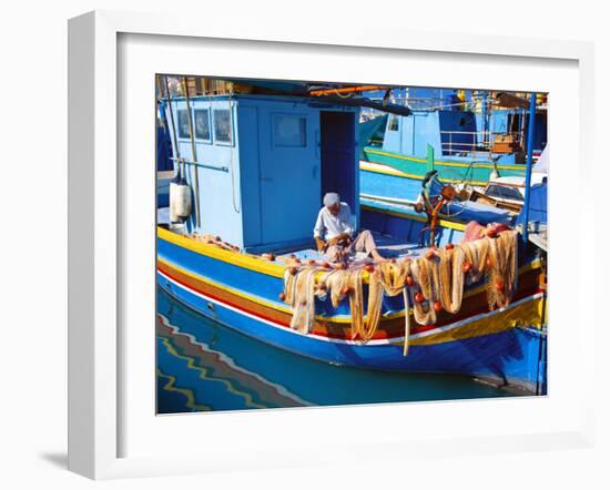 Fisherman Knotting a Fishing Net, Marsaxlokk, Malta, Mediterranean, Europe-Sakis Papadopoulos-Framed Photographic Print