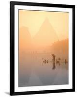 Fisherman on Bamboo Raft in Early Morning Mist, Li River, China-Keren Su-Framed Photographic Print