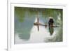 Fisherman on bamboo raft on Mingshi River with karst hills, Mingshi, Guangxi Province, China-Keren Su-Framed Premium Photographic Print