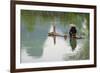 Fisherman on bamboo raft on Mingshi River with karst hills, Mingshi, Guangxi Province, China-Keren Su-Framed Premium Photographic Print