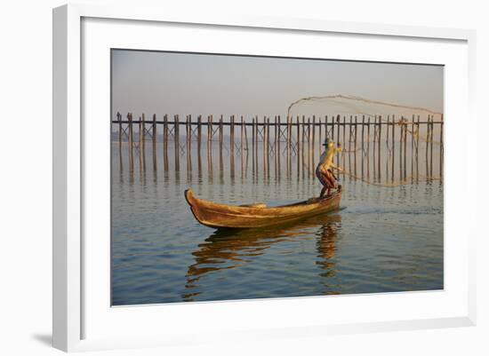 Fisherman on Taung Thama Lake and U Bein Bridge at Amarapura-Tuul-Framed Photographic Print