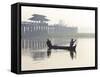 Fisherman on Taungthaman Lake in Mist at Dawn with U Bein Bridge-Lee Frost-Framed Stretched Canvas
