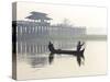 Fisherman on Taungthaman Lake in Mist at Dawn with U Bein Bridge-Lee Frost-Stretched Canvas