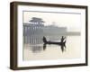 Fisherman on Taungthaman Lake in Mist at Dawn with U Bein Bridge-Lee Frost-Framed Photographic Print